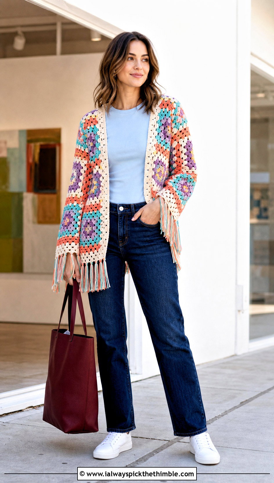Granny Square Crochet Fringe Sweater With Straight Leg Jeans - 20 Crochet Fringe Sweater outfit ideas