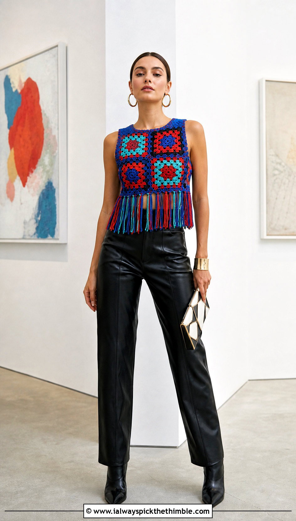 Granny Square Crochet Fringe Top With Leather Pants - 25 Crochet Fringe Top outfit ideas