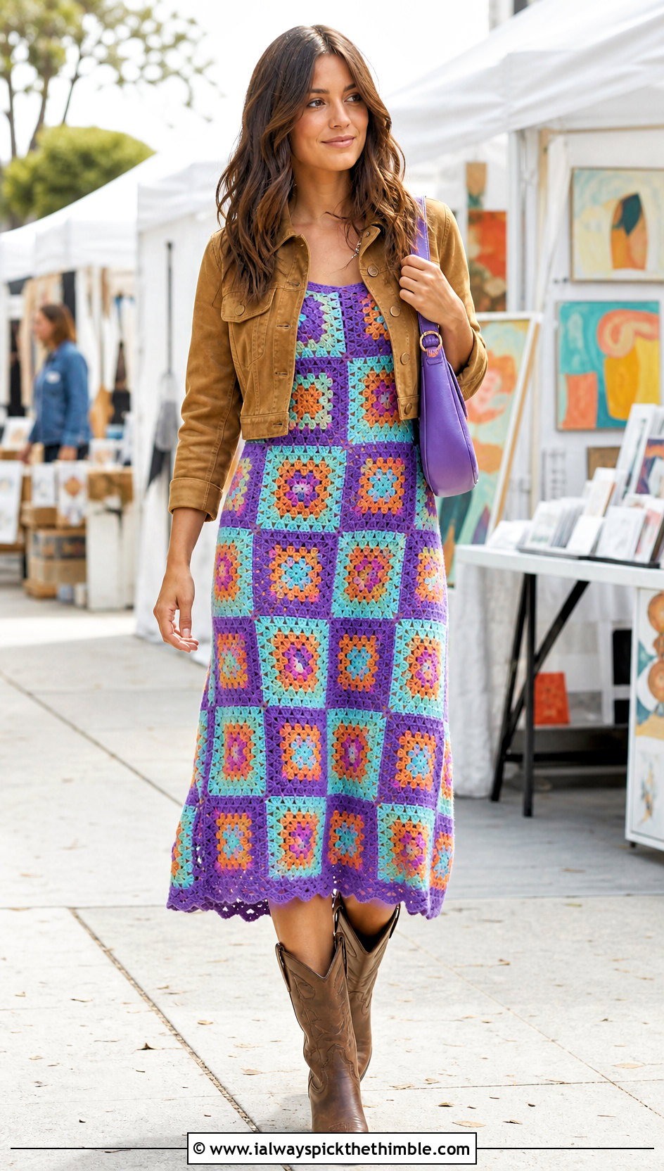 Granny Square Crochet Frock With Cowboy Boots - 25 Crochet Frocks For Women outfit ideas