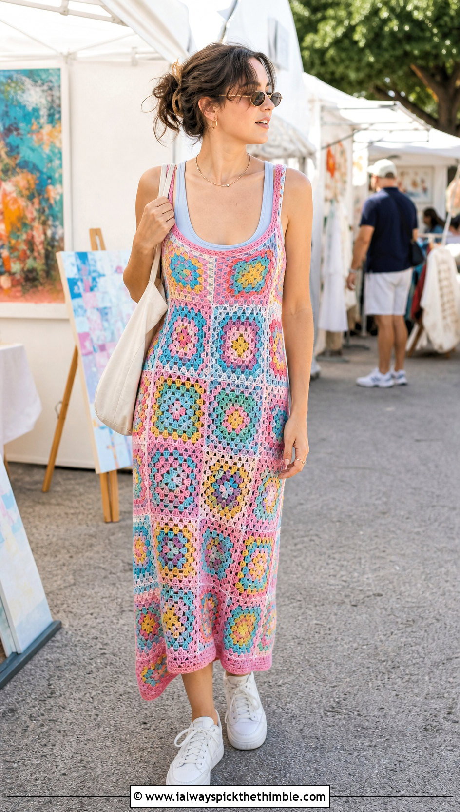 Granny Square Crochet Frock With White Sneakers - 25 crochet frock outfit ideas