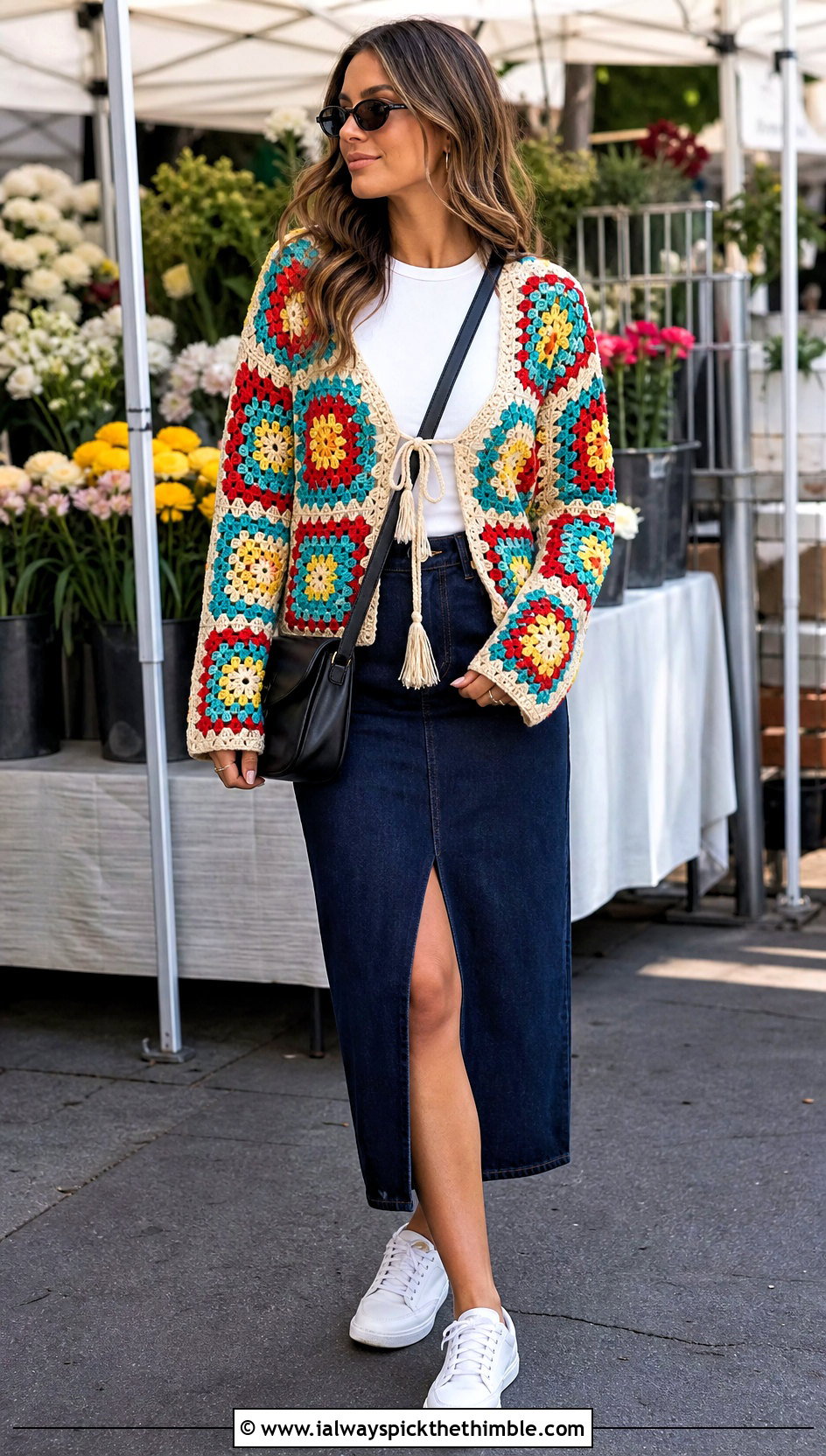 Granny Square Crochet Front Tie Cardigan With Denim Midi Skirt - 15 crochet front tie cardigan outfit ideas