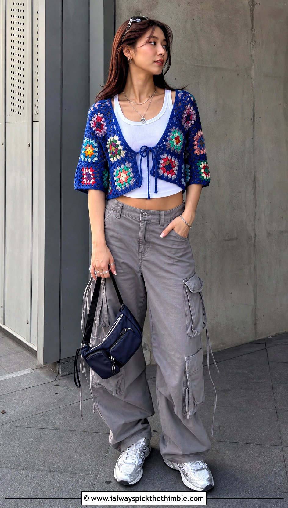 Granny Square Crochet Front Tie Crop Top With Cargo Pants - 20 crochet front tie top outfit ideas