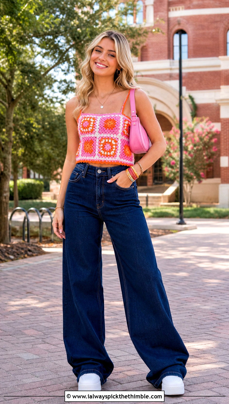 Granny Square Crochet Game Day Camisole With Wide Leg Jeans - 20 Crochet Game Day Top outfit ideas