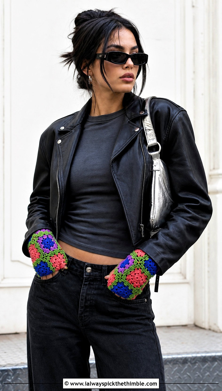 Granny Square Crochet Gloves With A Moto Jacket - 20 Vintage Crochet Gloves outfit ideas