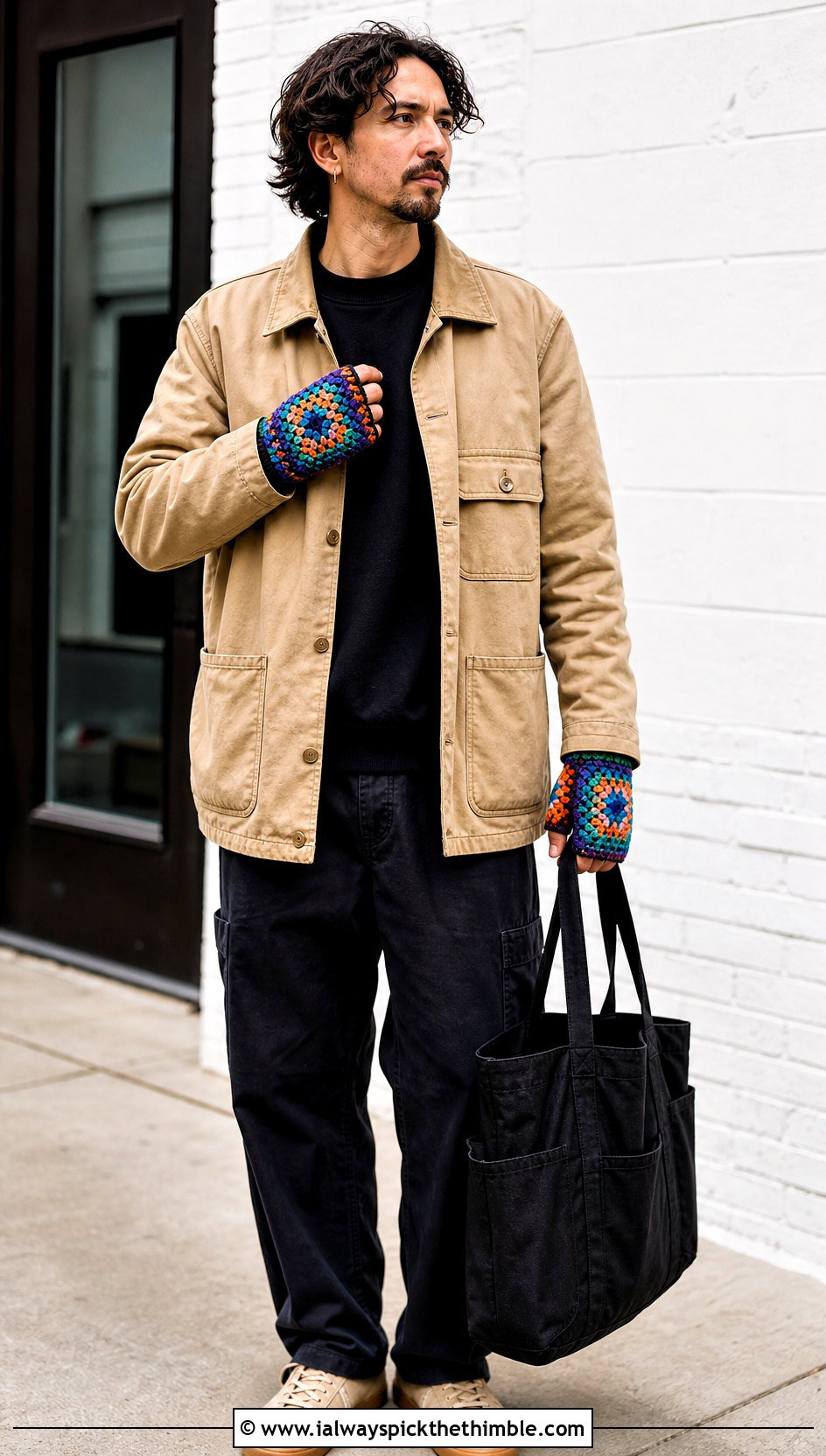Granny Square Crochet Gloves With Workwear Jacket - 25 men crochet gloves outfit ideas