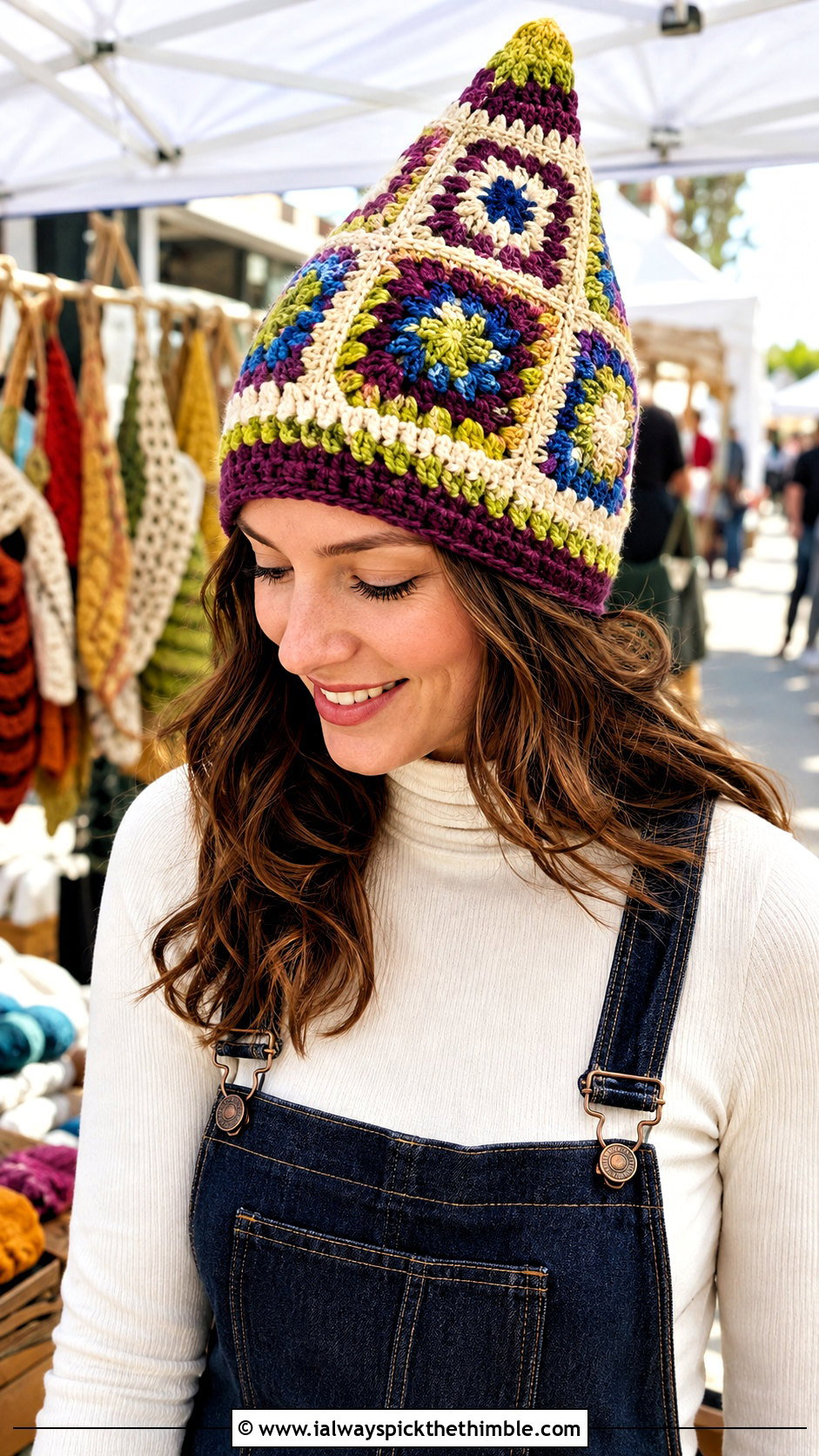 Granny Square Crochet Gnome Hat With Denim Overalls - 15 Adult Crochet Gnome Hat outfit ideas