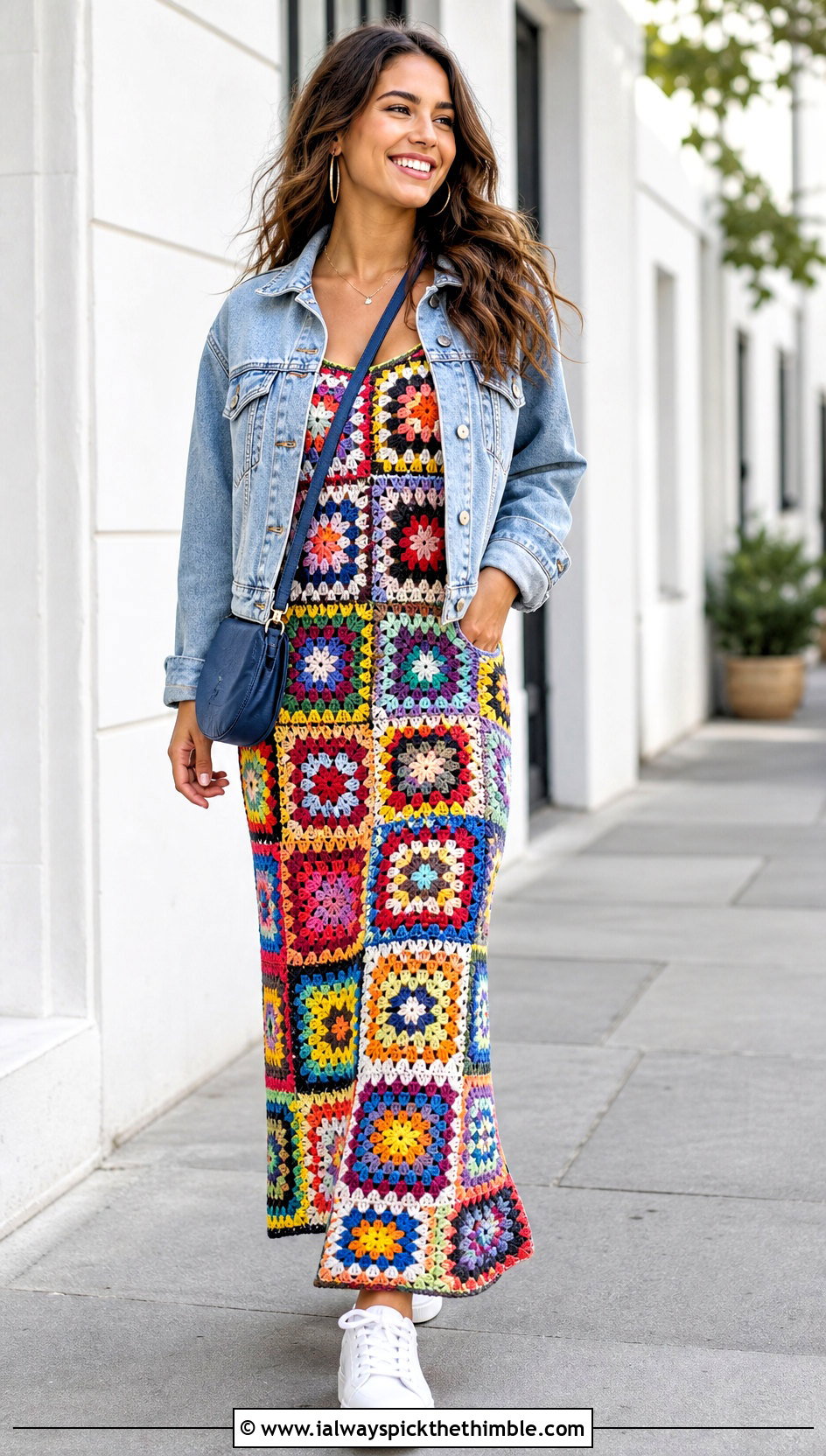Granny Square Crochet Gown With Denim Jacket - 25 crochet gown for ladies outfit ideas