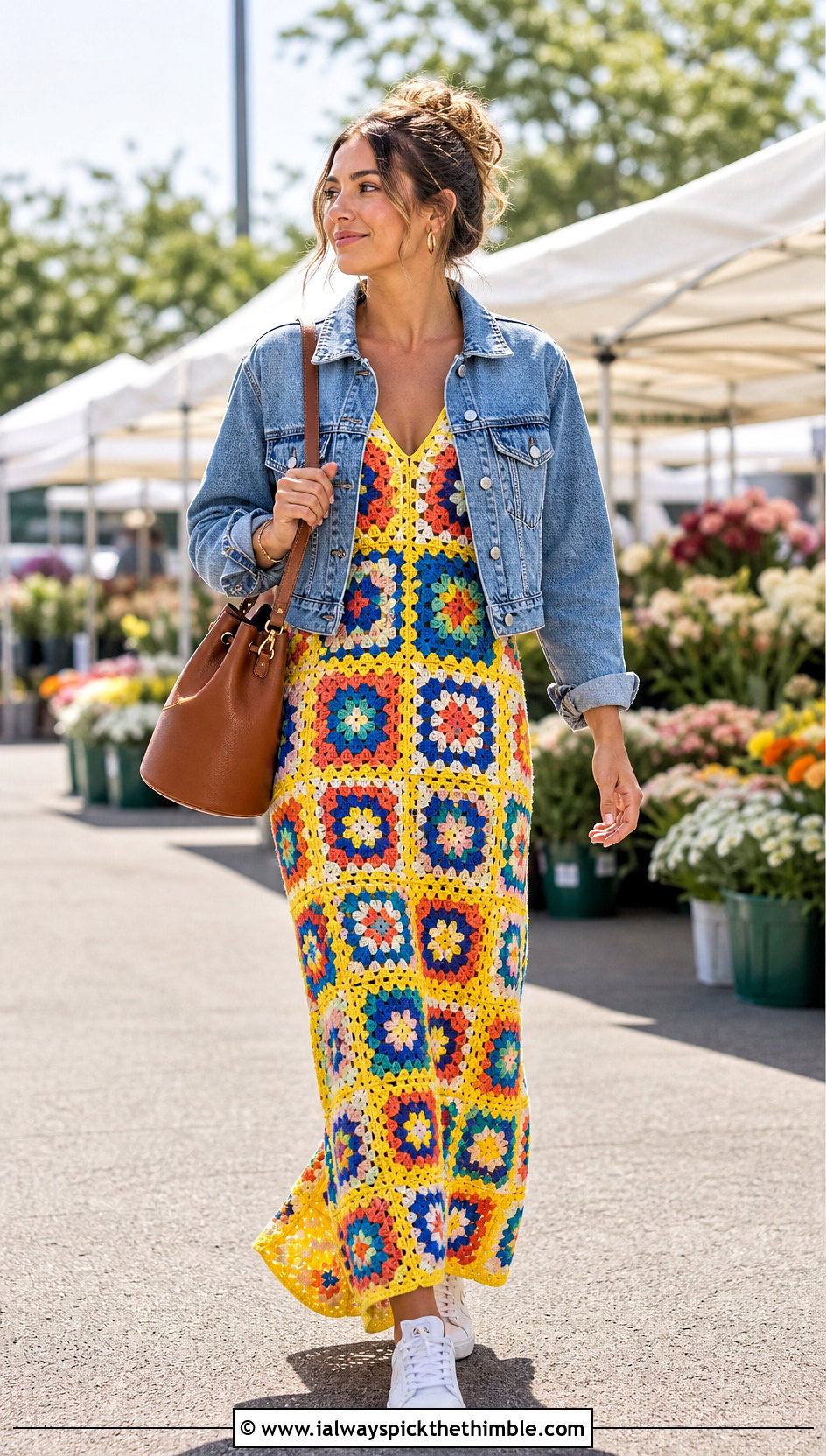 Granny Square Crochet Gown With Denim Jacket - 20 Crochet Gown Dress outfit ideas