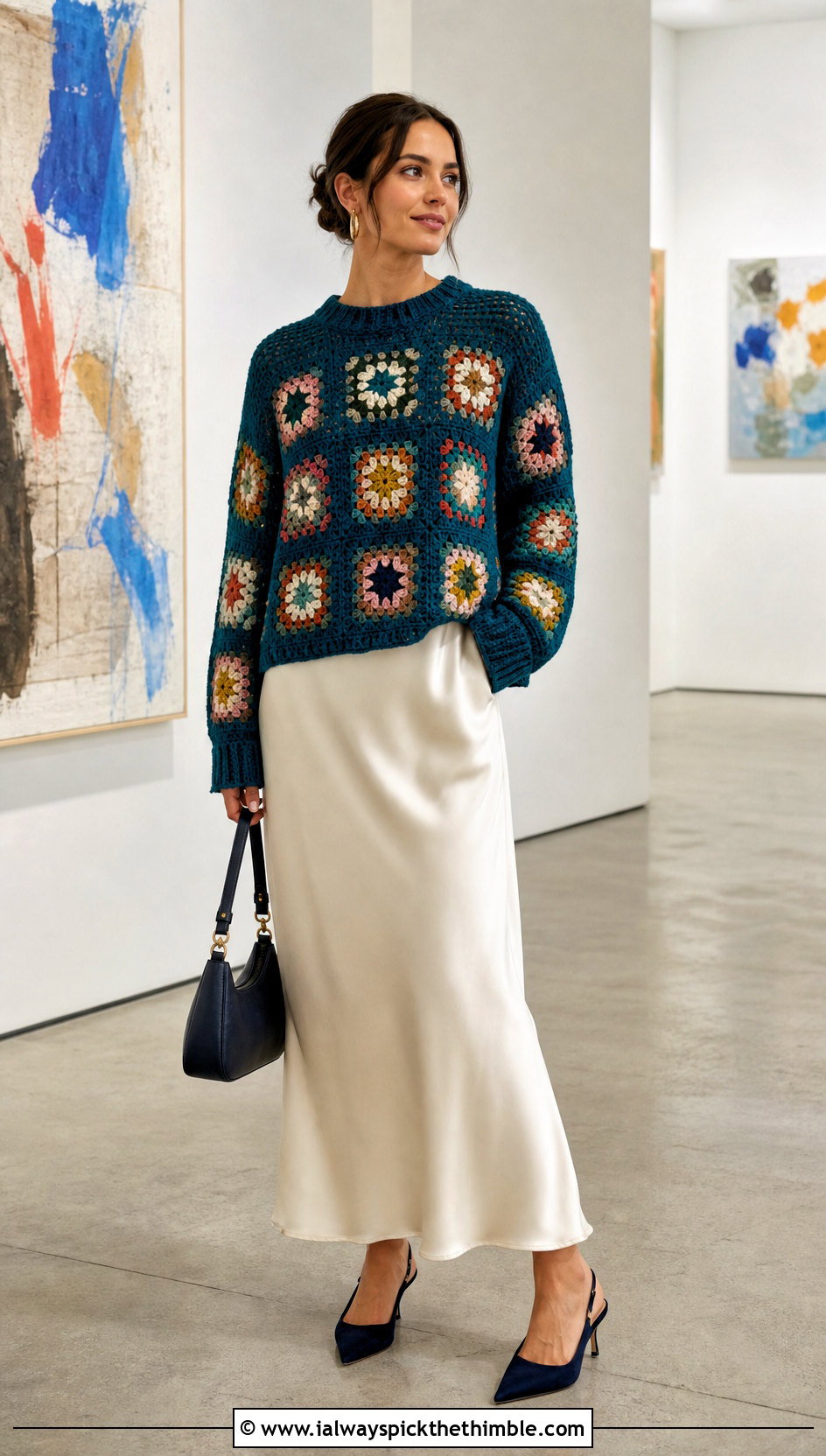Granny Square Crochet Grandpa Sweater With Satin Slip Skirt - 20 Crochet Grandpa Sweater outfit ideas