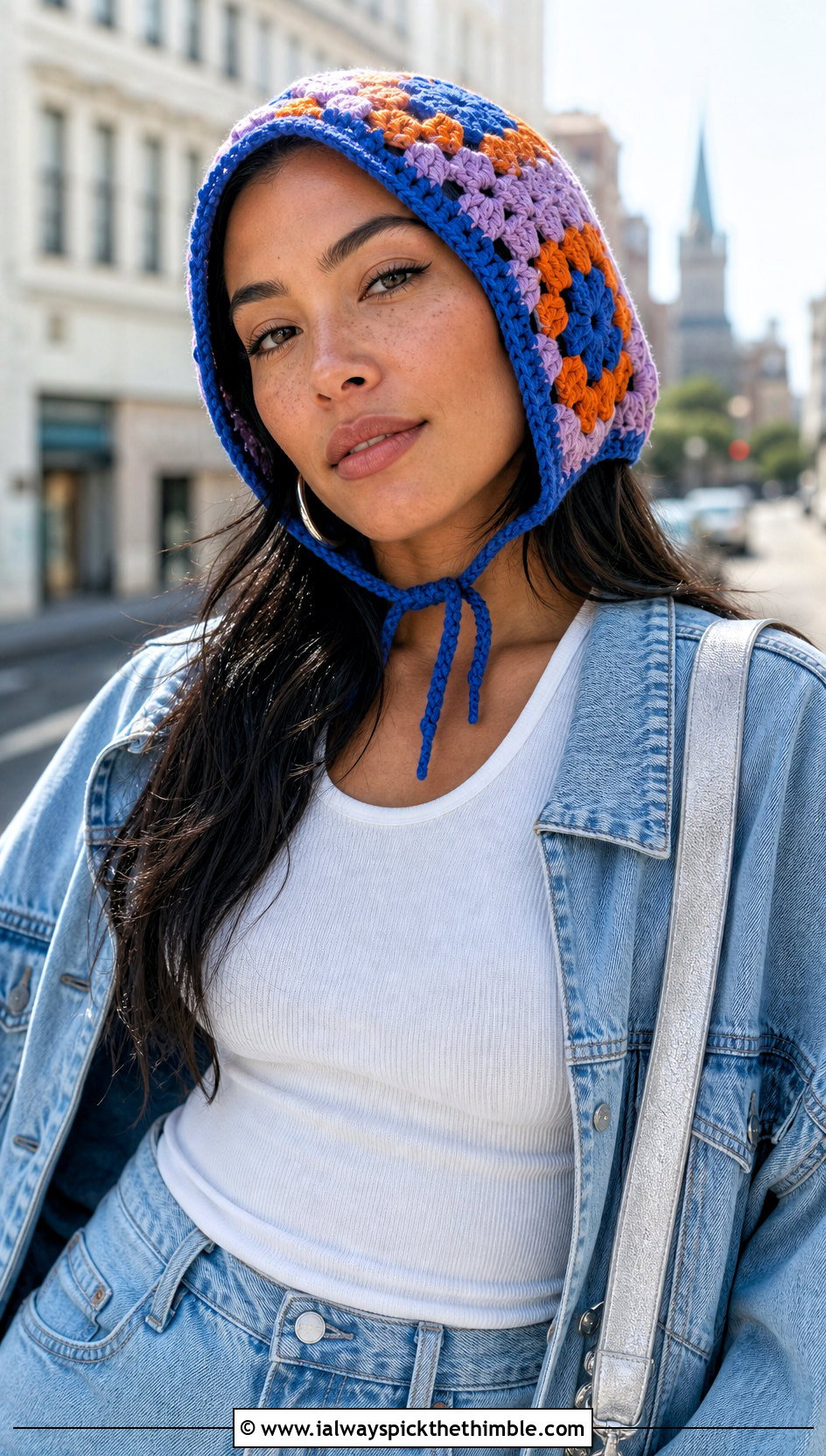 Granny Square Crochet Hair Bonnet With Denim Jacket - 20 Crochet Hair Bonnet outfit ideas