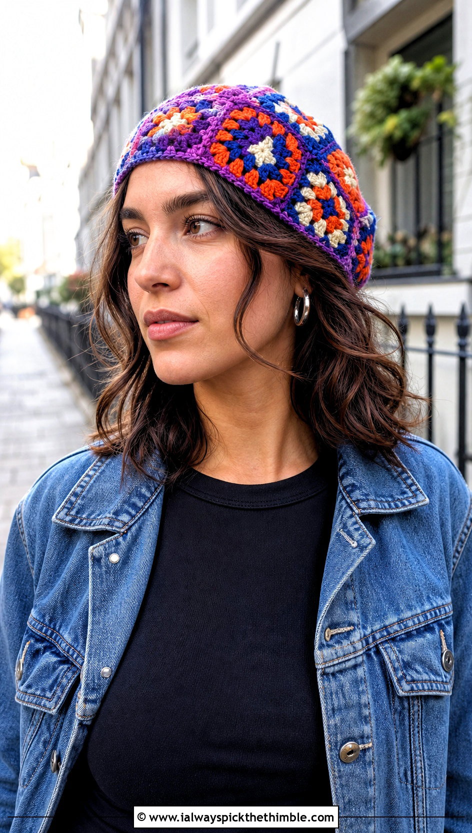 Granny Square Crochet Hair Cap With Denim Jacket - 15 crochet hair cap outfit ideas