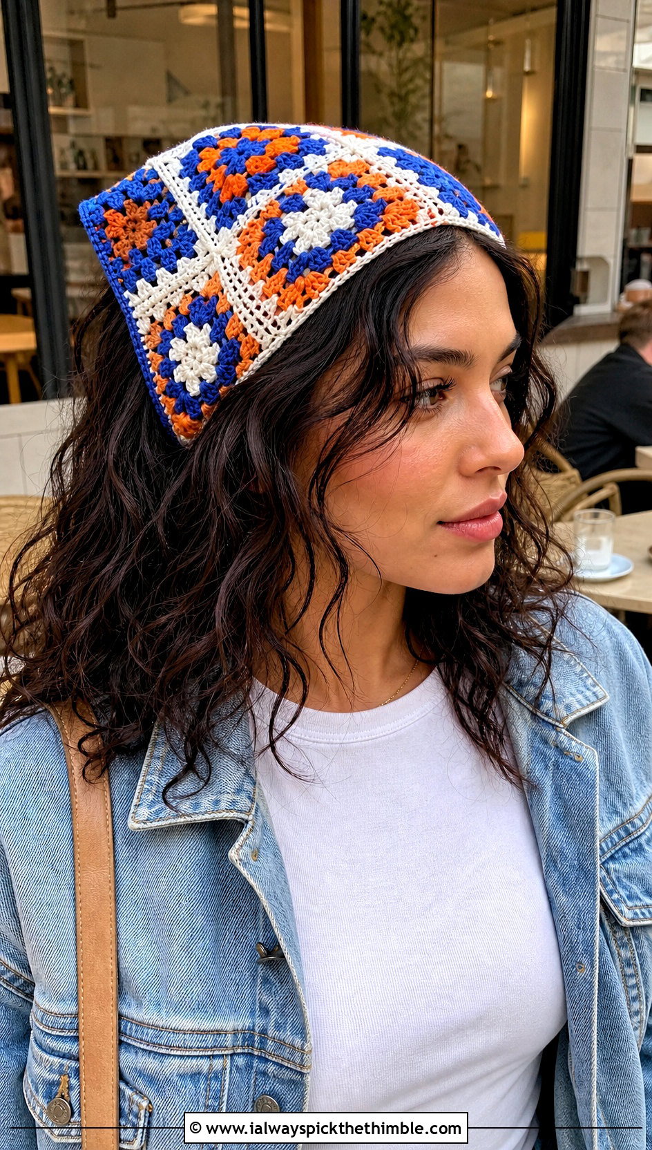 Granny Square Crochet Hair Scarf With T Shirt And Jeans - 15 Crochet Hair Scarf Ideas
