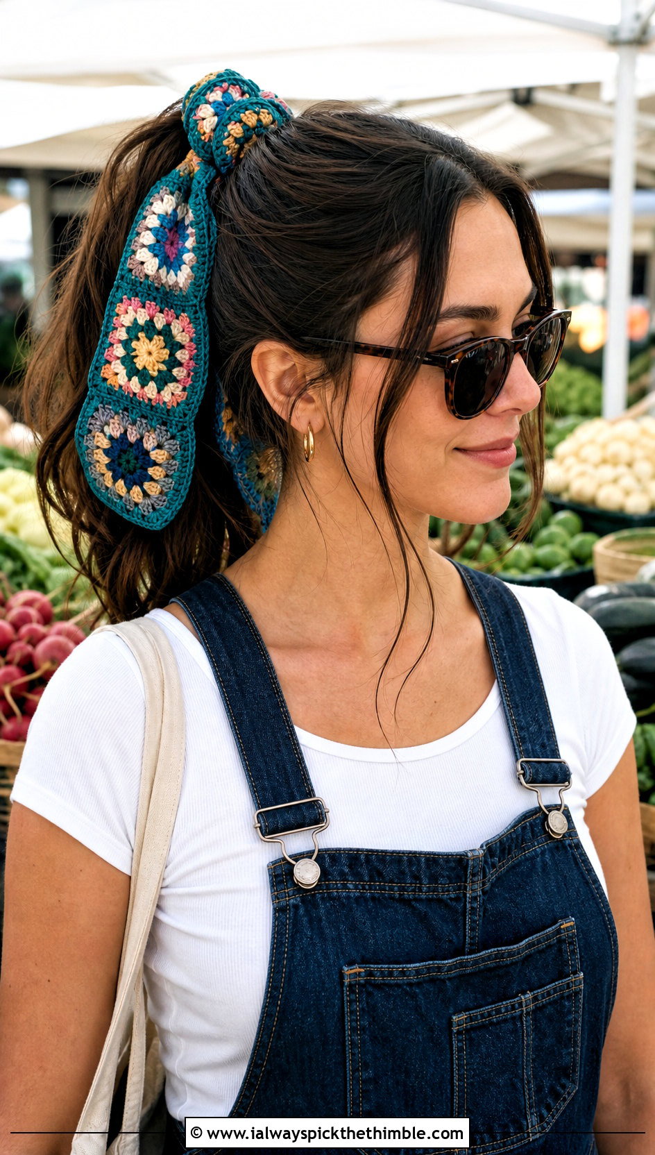 Granny Square Crochet Hair Tie Scarf With Denim Overalls - 20 crochet hair tie scarf outfit ideas