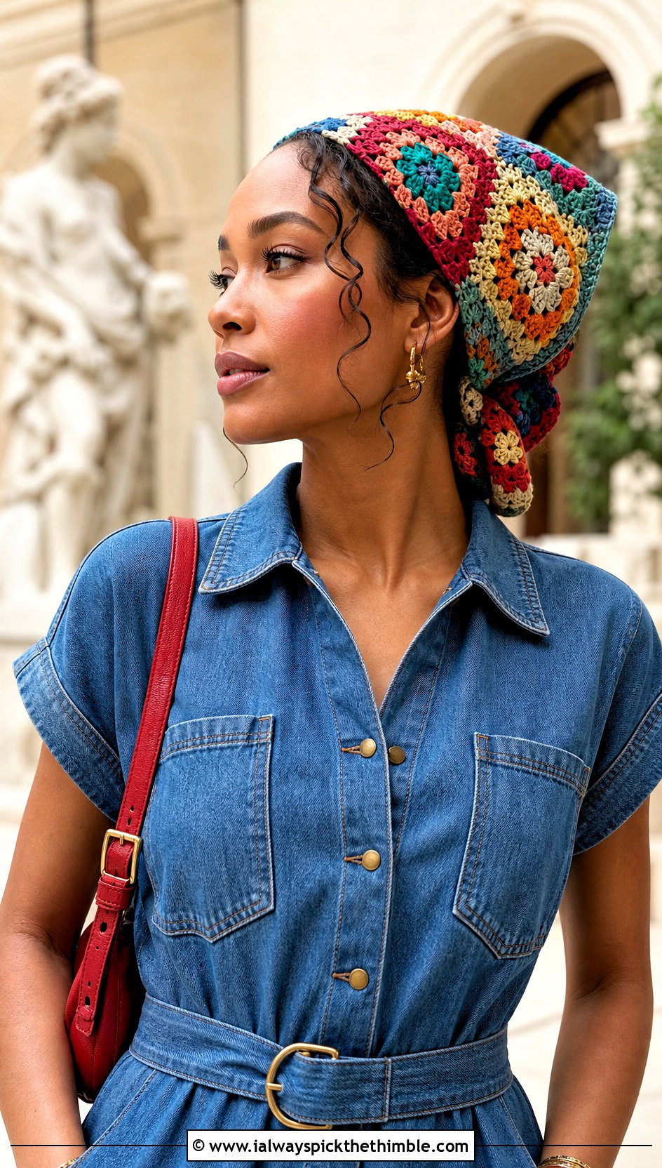 Granny Square Crochet Hair Wrap With Denim Dress - 20 crochet hair wraps outfit ideas