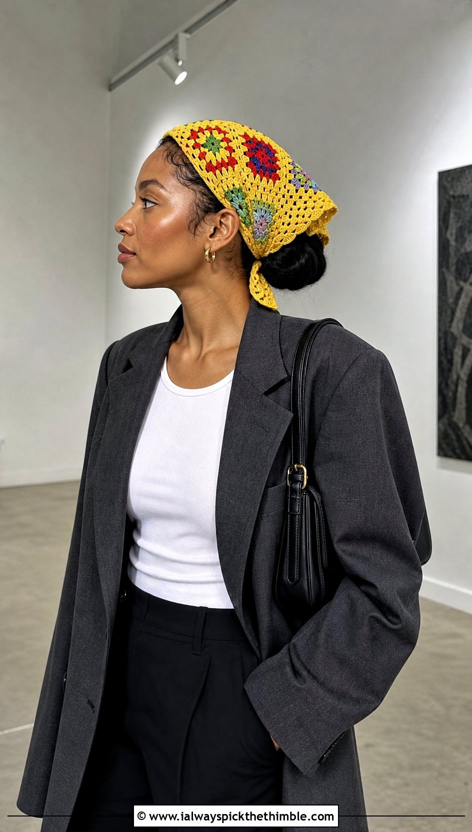 Granny Square Crochet Hair Wrap With Oversized Blazer - 25 crochet hair wrap outfit ideas