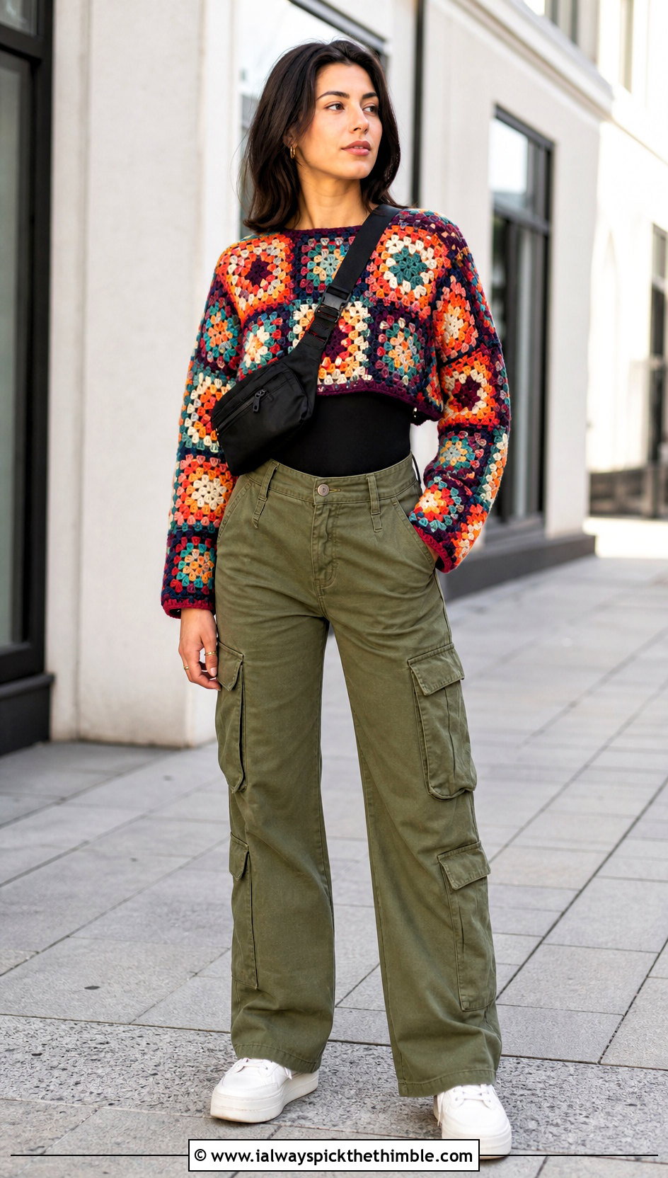 Granny Square Crochet Half Sweater With Cargo Pants - 25 crochet half sweater outfit ideas