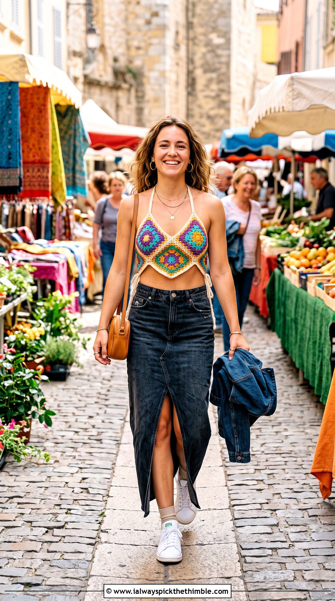 Granny Square Crochet Halter Bralette With Denim Maxi Skirt - 15 Crochet Halter Bralette outfit ideas