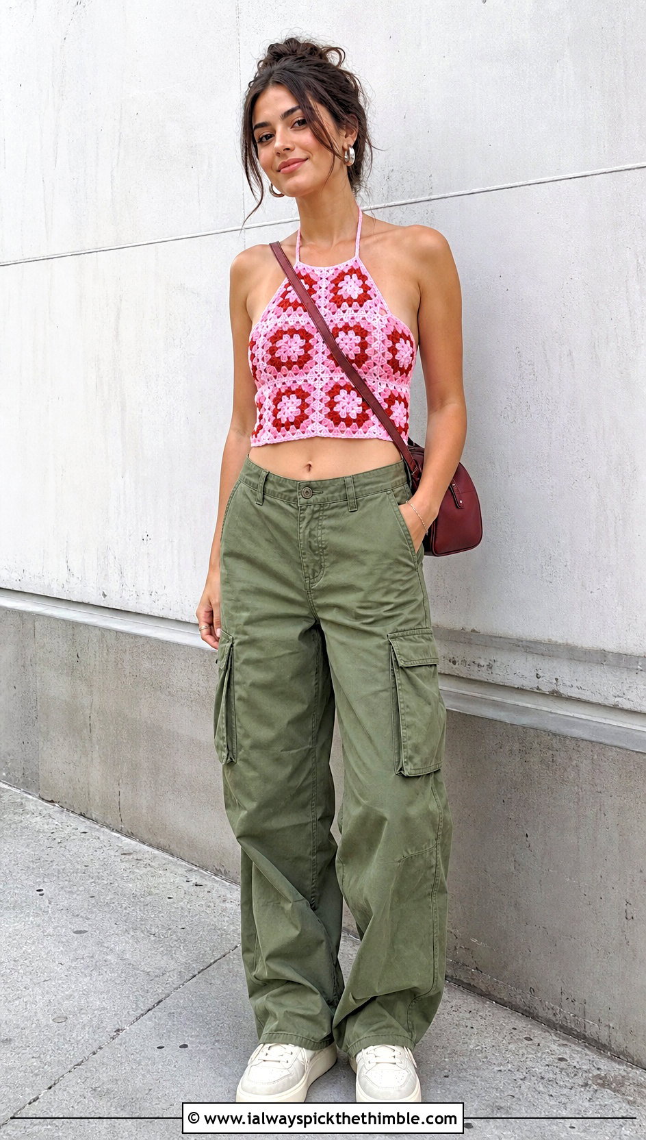 Granny Square Crochet Halter Top With Cargo Pants - 25 two colors crochet top outfit ideas