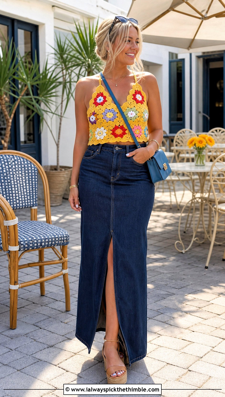 Granny Square Crochet Halter Top With Denim Maxi Skirt - 20 Simple Crochet Halter Top outfit ideas