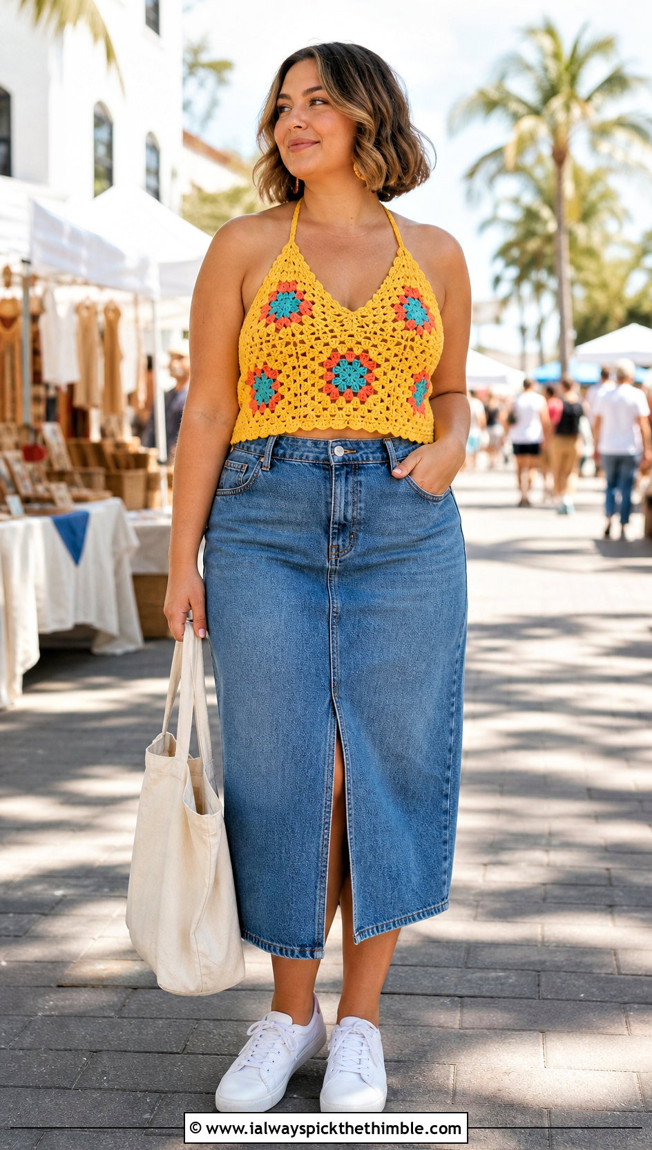 Granny Square Crochet Halter Top With Denim Midi Skirt - 25 easy crochet halter top outfit ideas