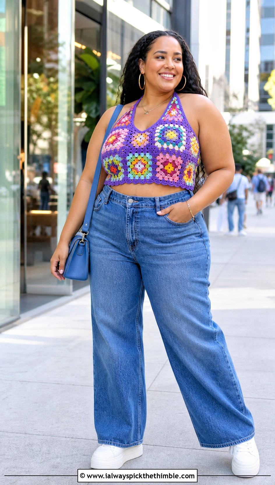Granny Square Crochet Halter Top With Wide Leg Jeans - 20 plus size crochet halter top outfit ideas