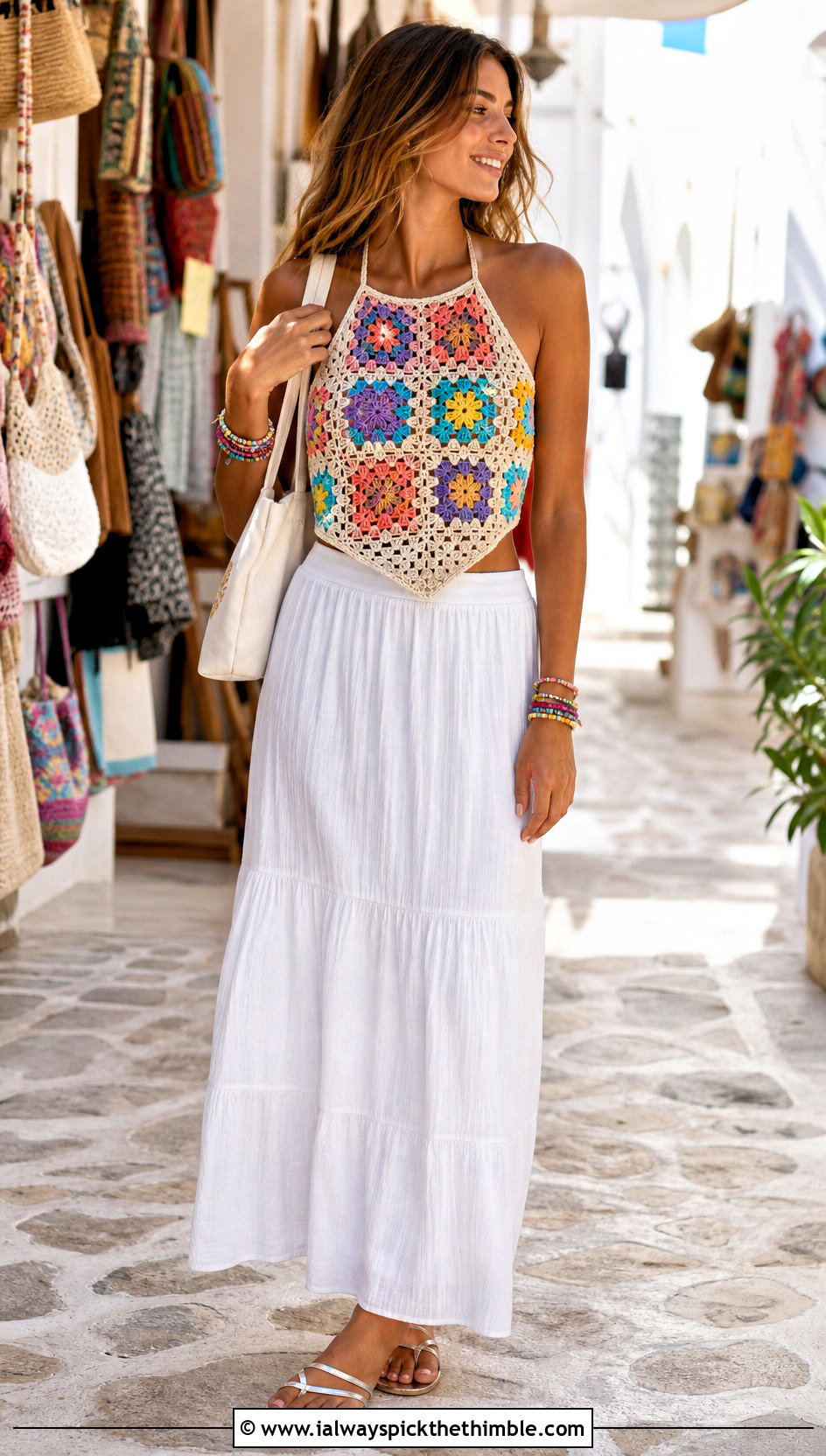 Granny Square Crochet Halter With White Maxi Skirt - 25 easy crochet summer tops outfit ideas