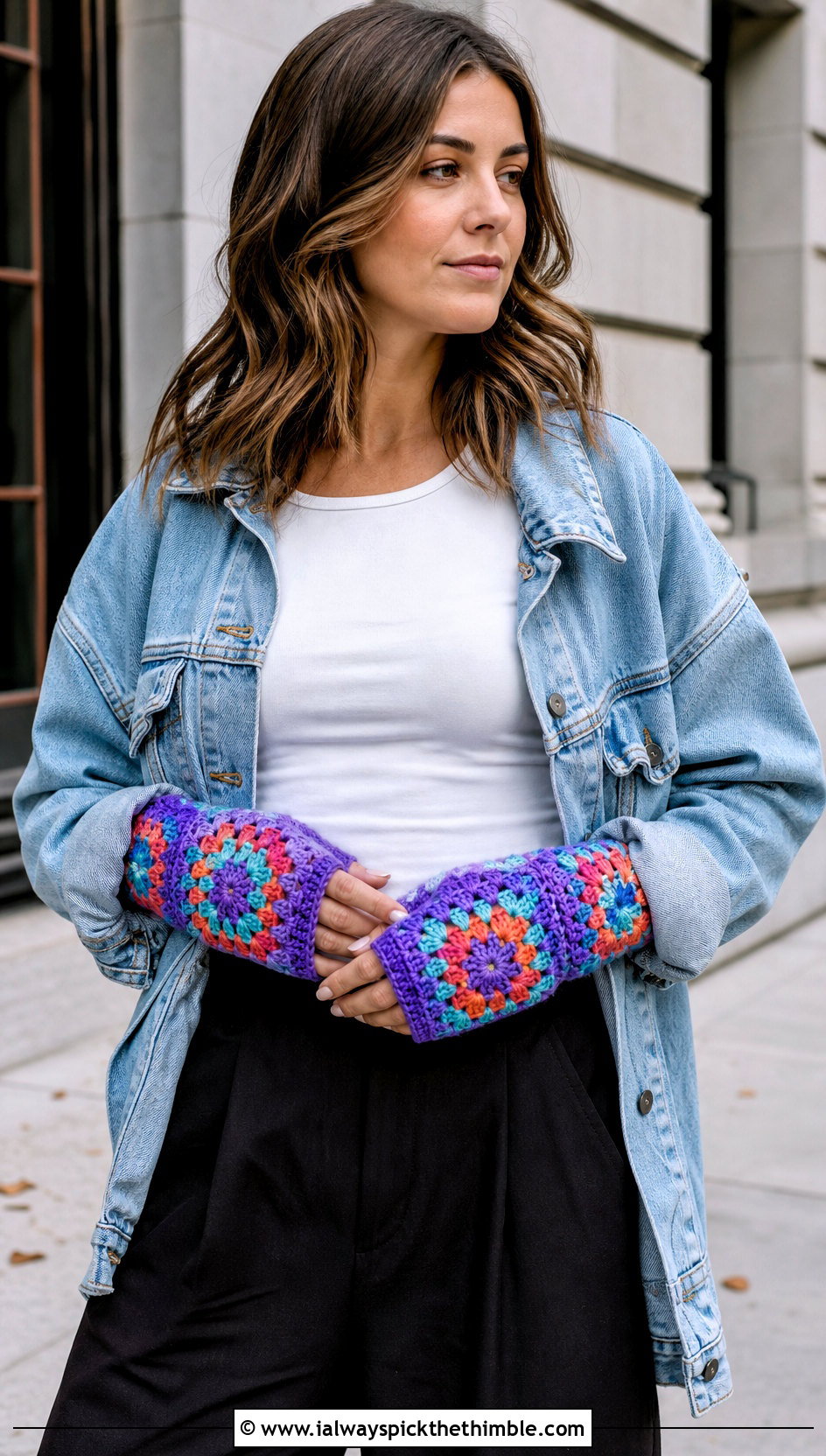 Granny Square Crochet Hand Warmers With Denim Jacket - 25 crochet hand warmers outfit ideas