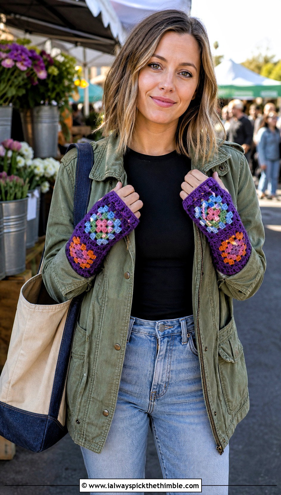 Granny Square Crochet Hand Warmers With Utility Jacket - 20 easy crochet hand warmers outfit ideas
