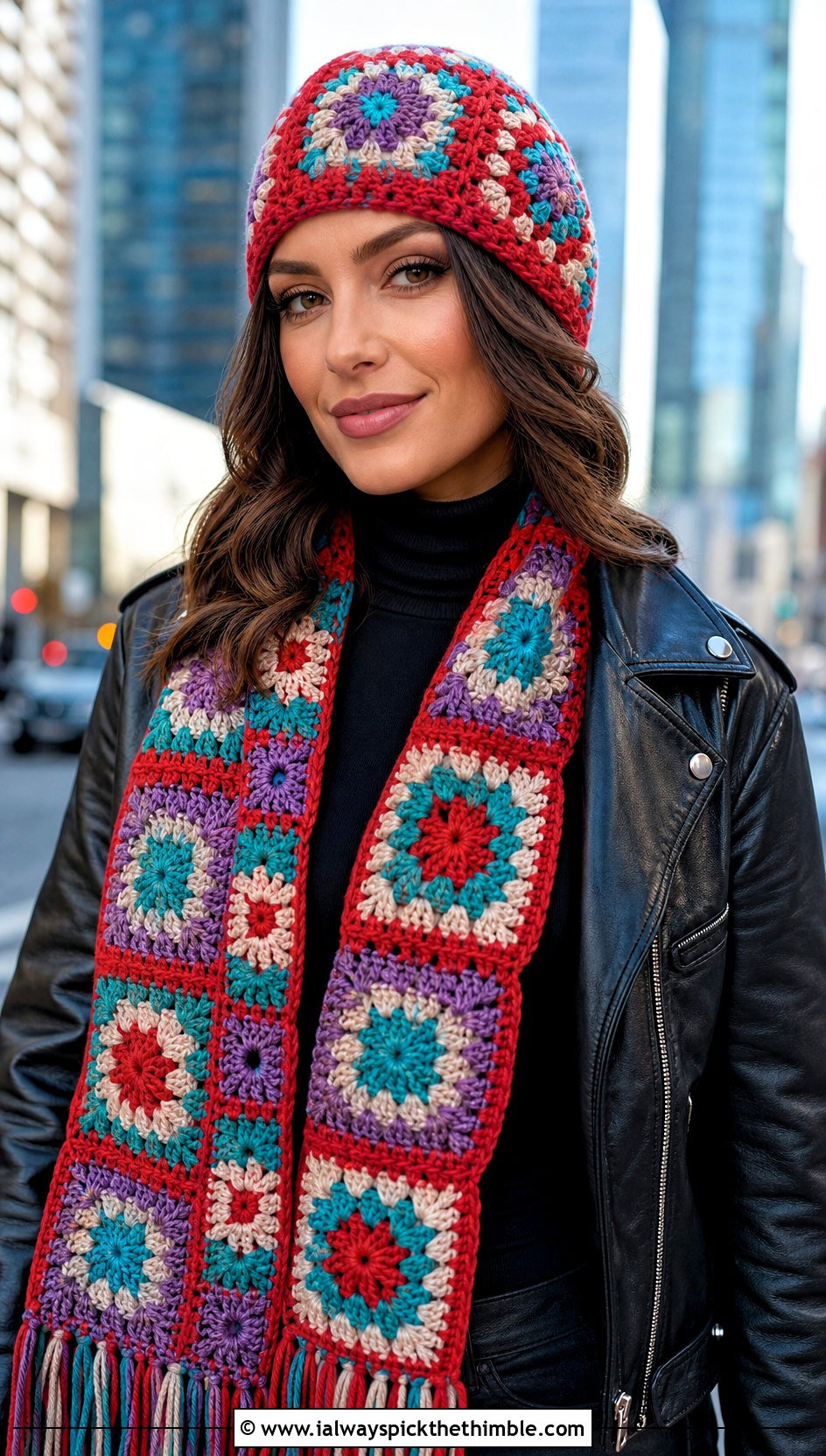 Granny Square Crochet Hat And Scarf With Leather Jacket - 20 crochet hat scarf outfit ideas