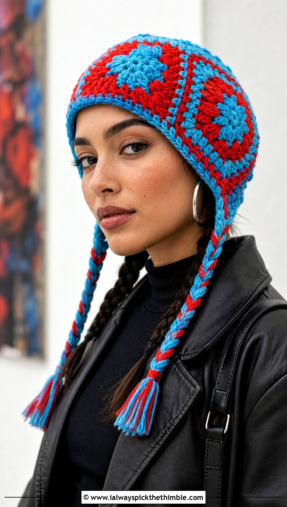 Granny Square Crochet Hat With Braids And Leather Jacket - 20 crochet hat with braids outfit ideas