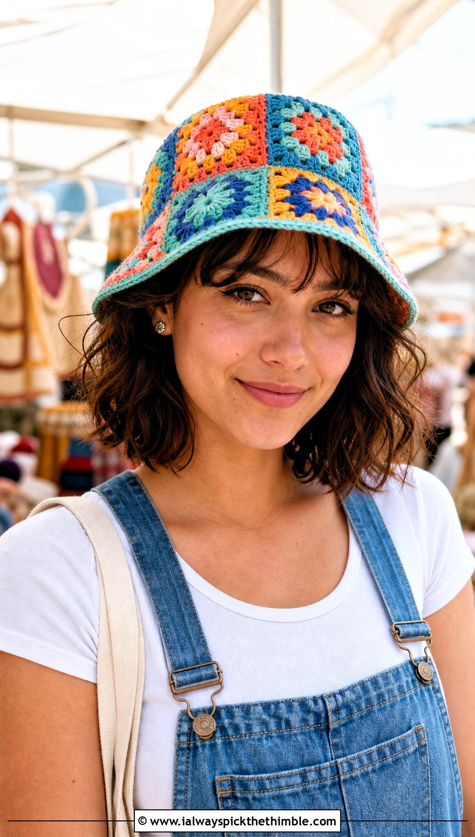 Granny Square Crochet Hat With Denim Overalls - 20 fast crochet hat outfit ideas