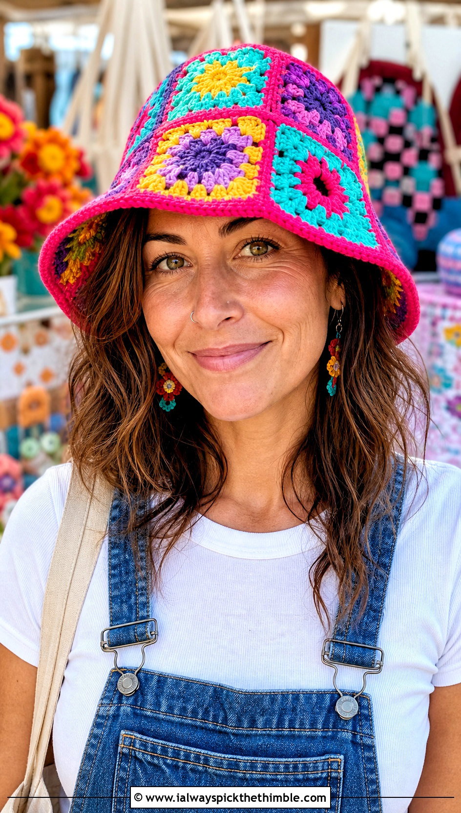Granny Square Crochet Hat With Overalls And Fitted Tee - 20 Cool Crochet Hat Ideas