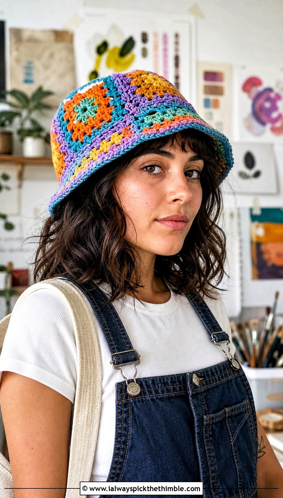 Granny Square Crochet Hat With Overalls - 20 hats to crochet outfit ideas