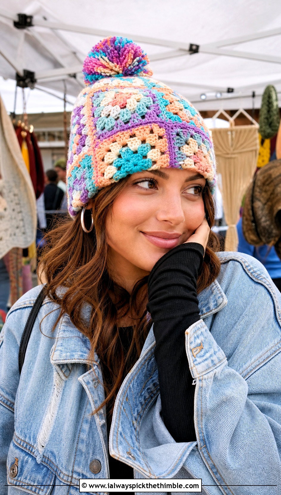 Granny Square Crochet Hat With Pom Pom And Denim Jacket - 20 crochet hat with pom pom outfit ideas