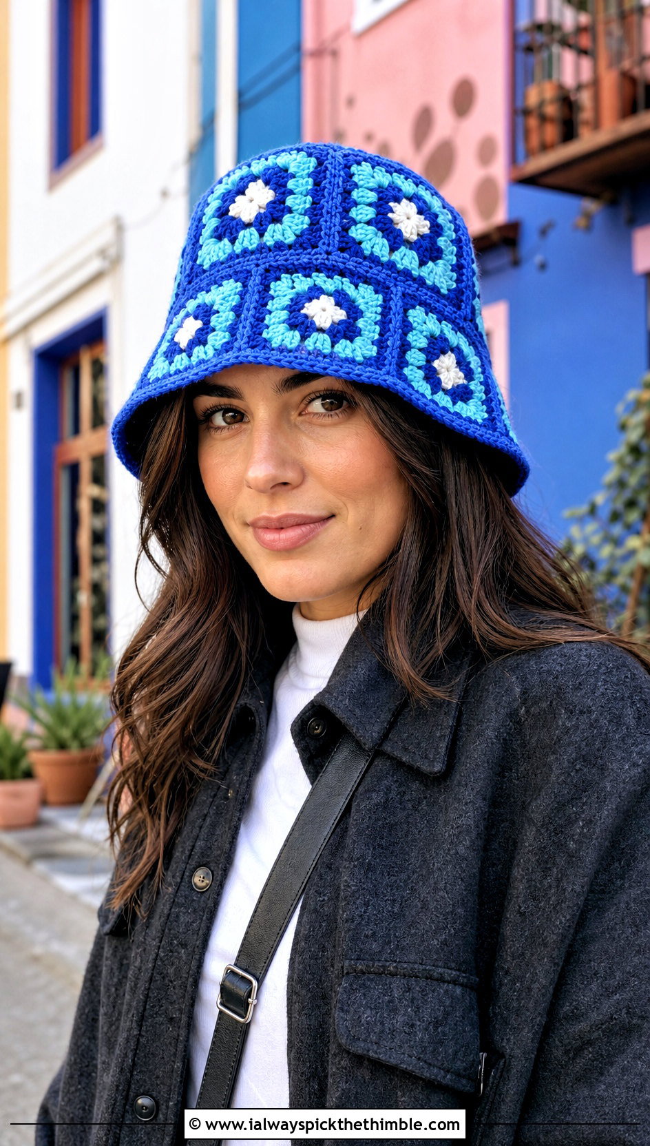 Granny Square Crochet Hat With Shacket And Wide Leg Jeans - 20 Warm Crochet Hat outfit ideas