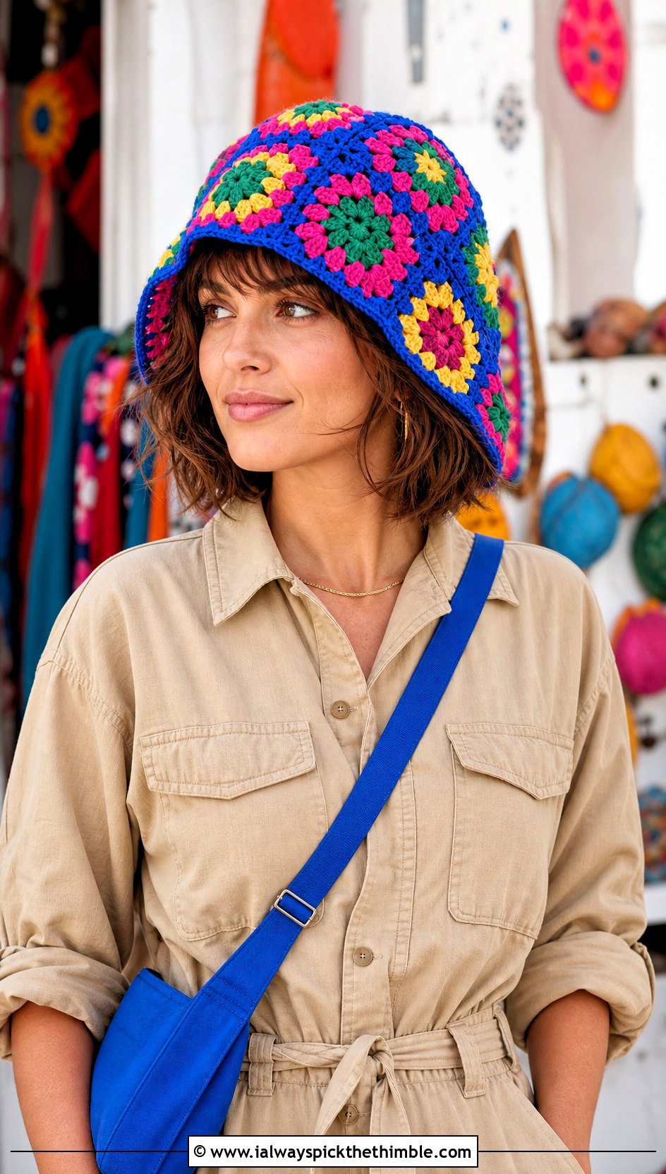 Granny Square Crochet Hat With Utility Jumpsuit - 20 Women Crochet Hats outfit ideas