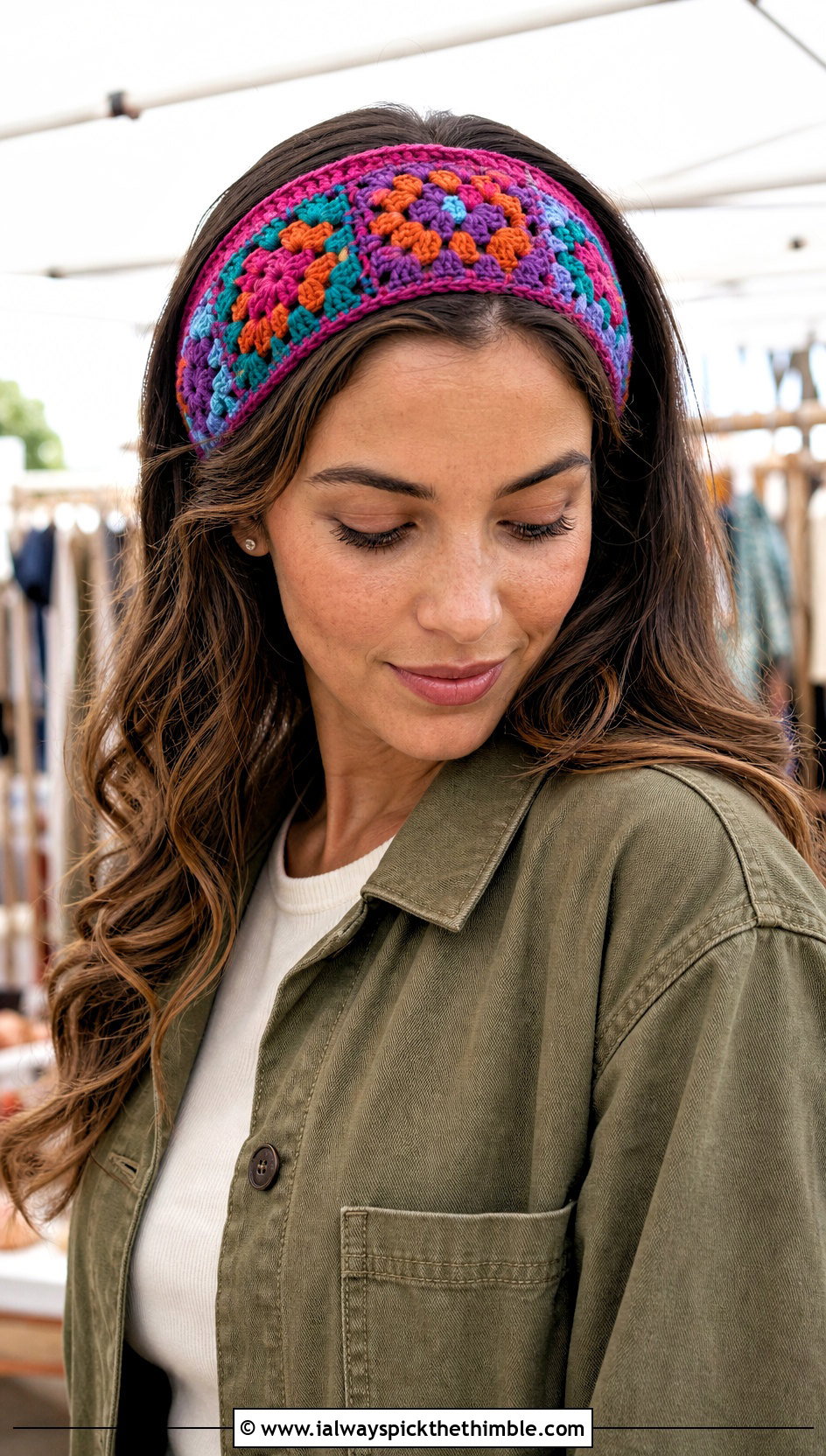 Granny Square Crochet Headband With Barn Jacket And Chinos - 20 quick crochet headband outfit ideas