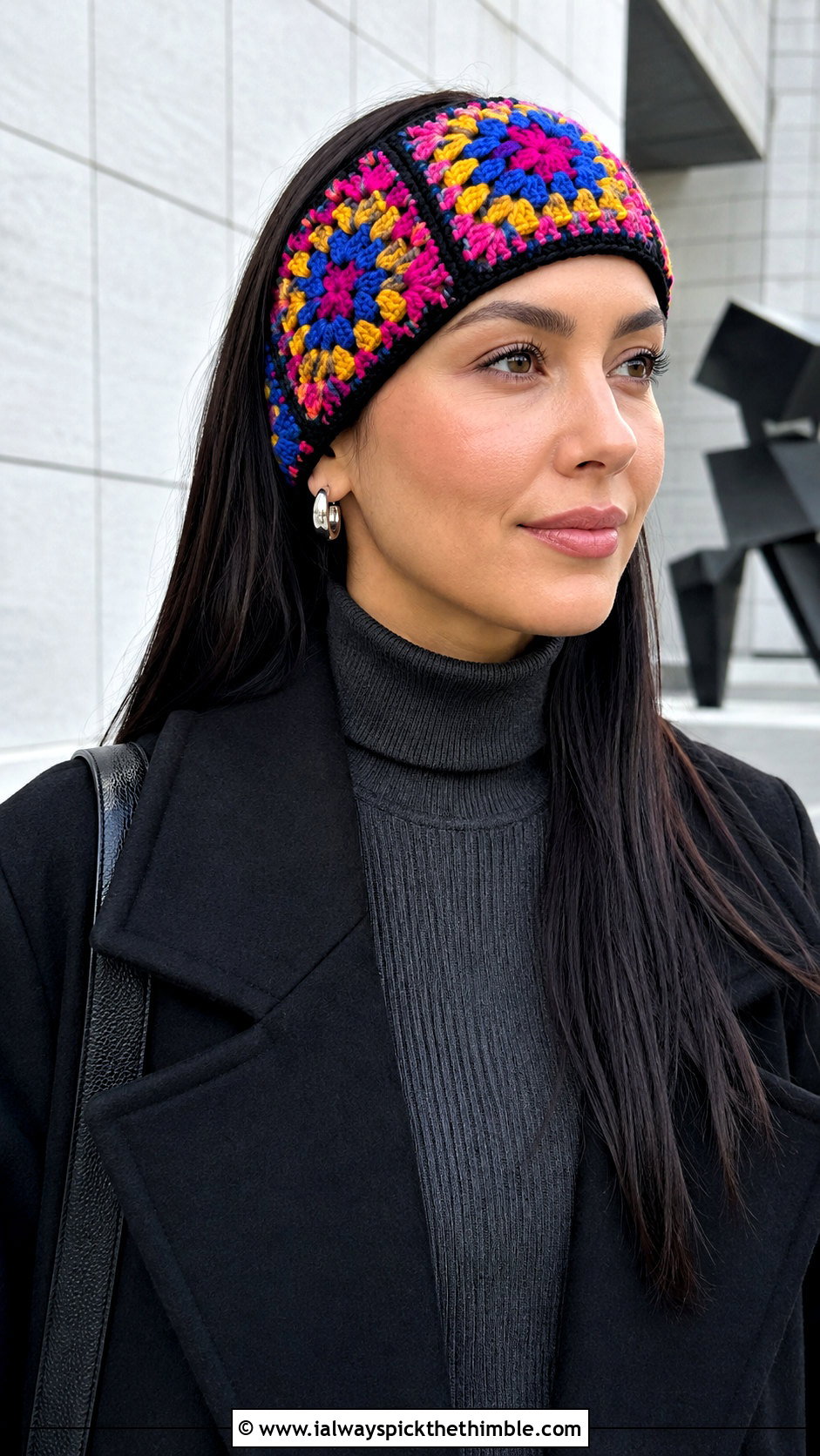 Granny Square Crochet Headband With Black Coat - 25 crochet winter headband outfit ideas