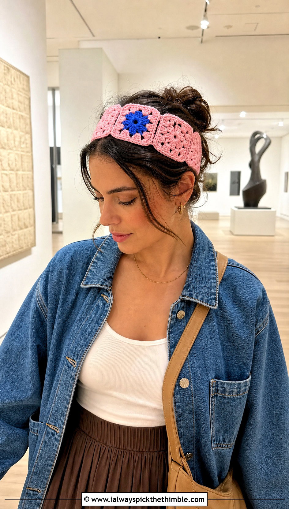 Granny Square Crochet Headband With Blue Flower And Denim Jacket - 15 crochet headband with blue flower outfit ideas