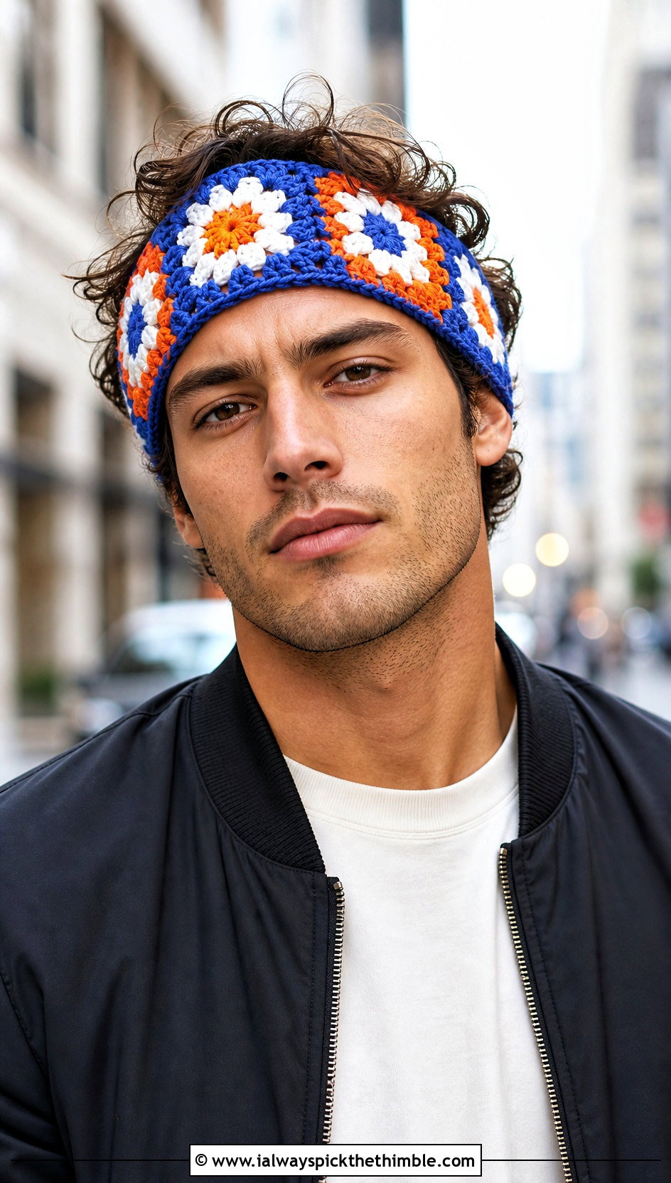 Granny Square Crochet Headband With Bomber Jacket - 20 men's crochet headband outfit ideas