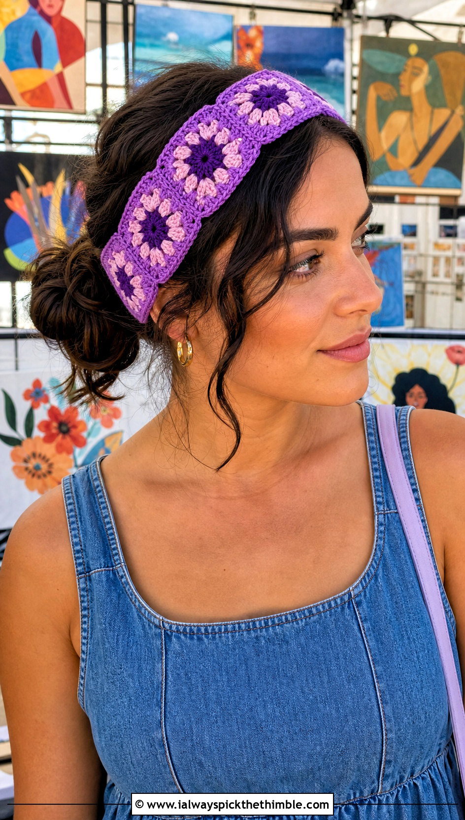 Granny Square Crochet Headband With Denim Dress - 15 summer crochet headband outfit ideas