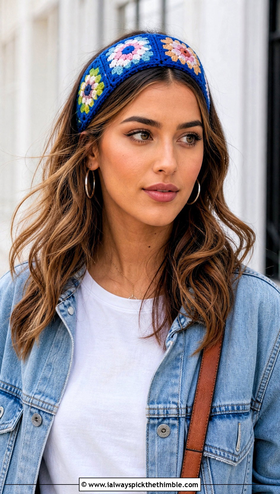 Granny Square Crochet Headband With Denim Jacket - 20 boho crochet headband outfit ideas