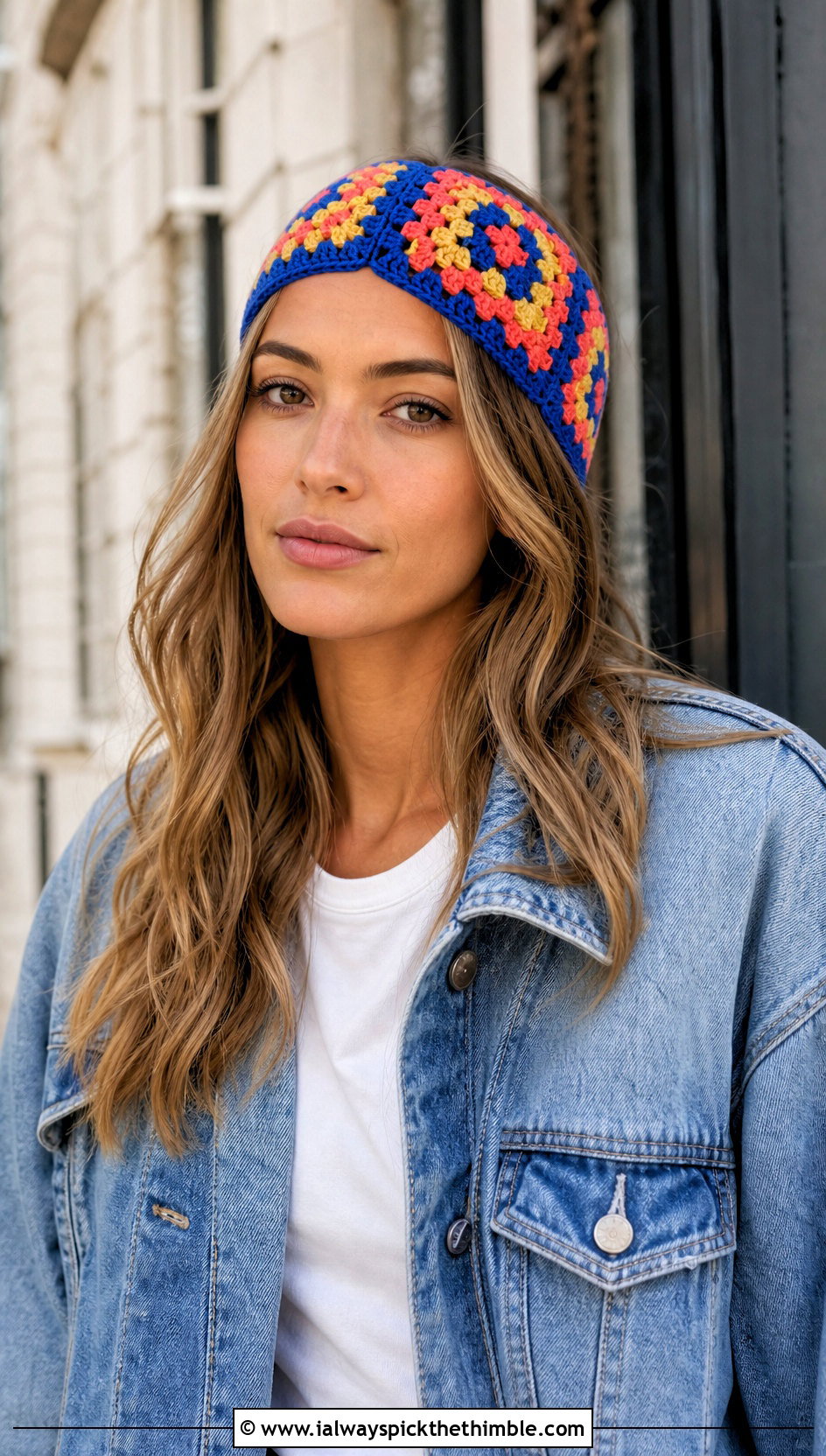 Granny Square Crochet Headband With Denim Jacket - 20 crochet for headbands outfit ideas