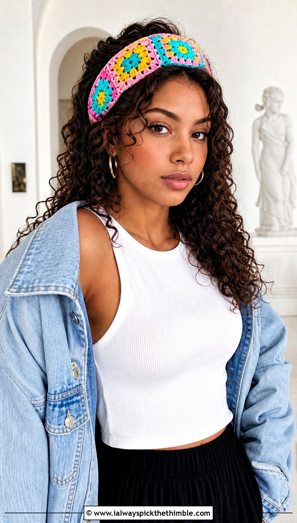 Granny Square Crochet Headband With Denim Jacket - 20 crochet headband curly hair outfit ideas