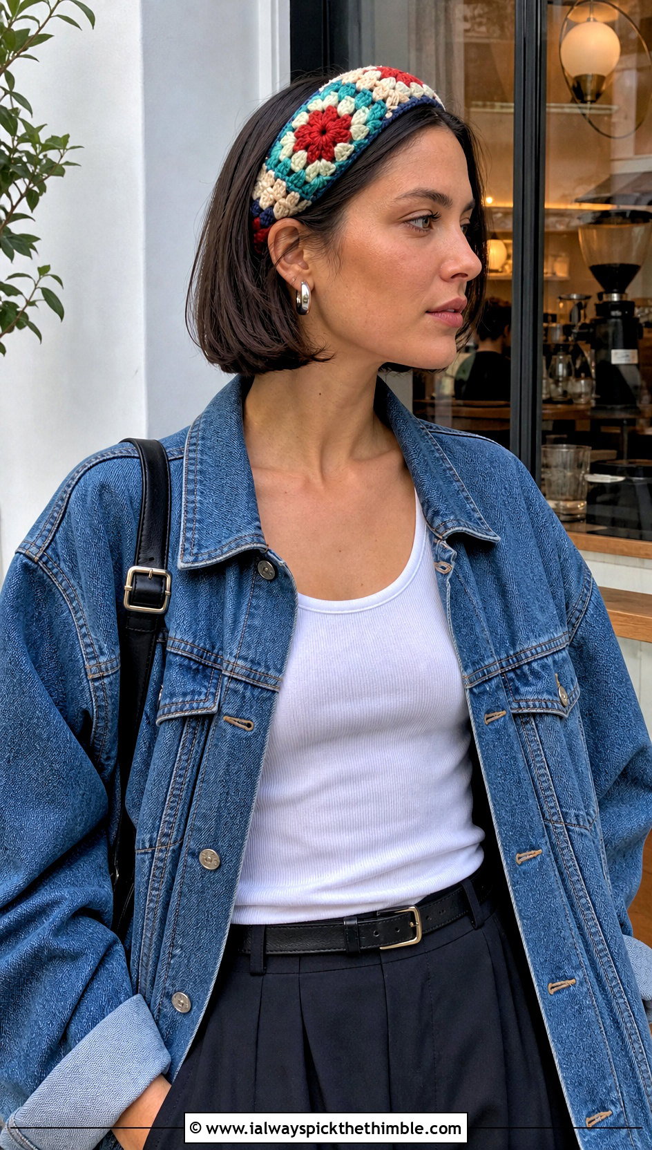 Granny Square Crochet Headband With Denim Jacket - 20 crochet headband for short hair outfit ideas