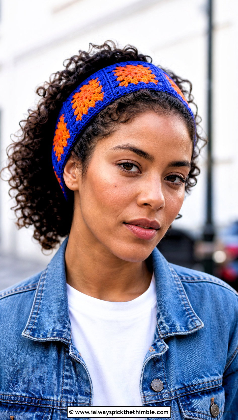 Granny Square Crochet Headband With Denim Jacket - 20 simple crochet head bands outfit ideas
