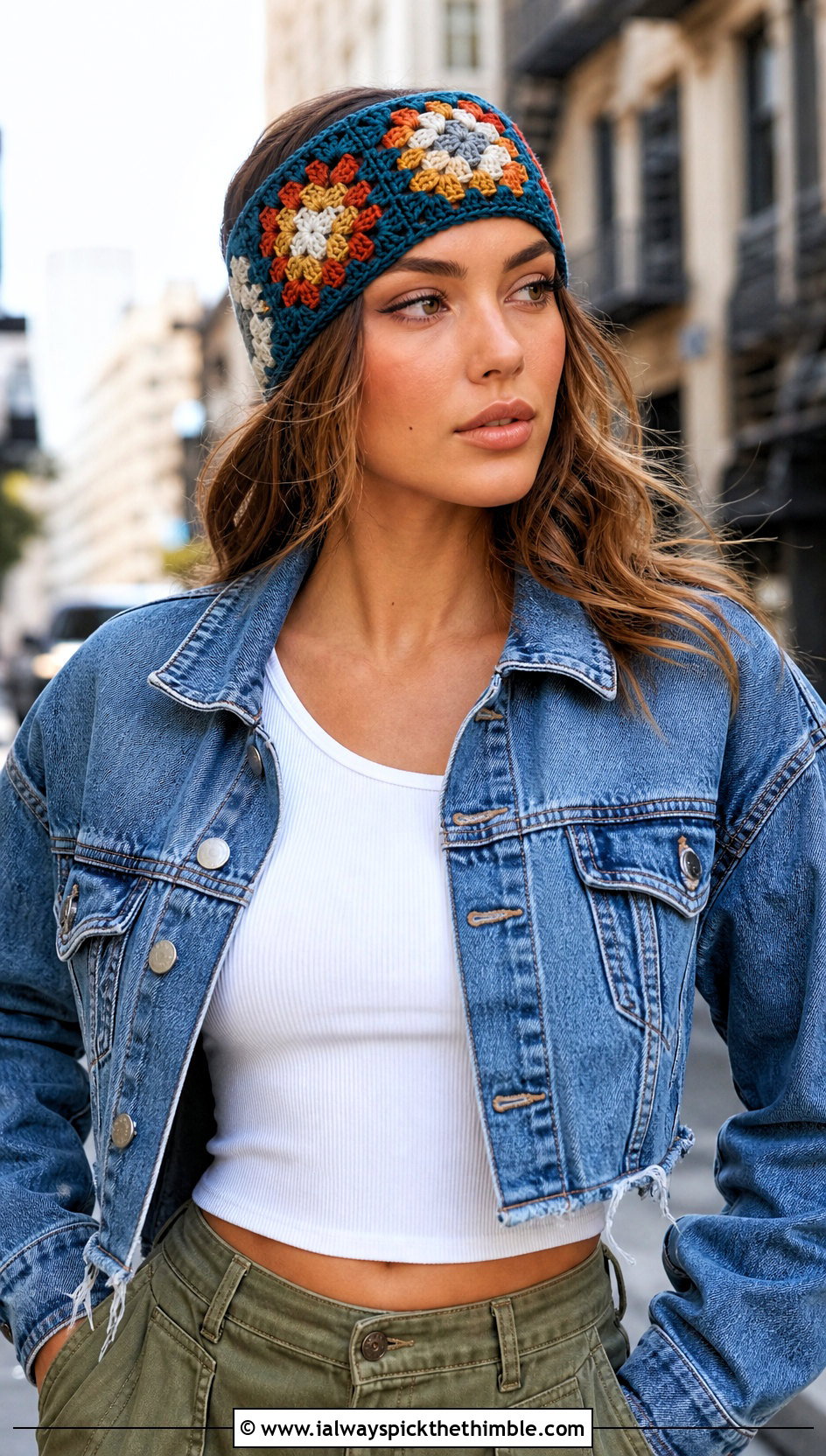 Granny Square Crochet Headband With Denim Jacket And Cargo Pants - 25 crochet headbands for women outfit ideas
