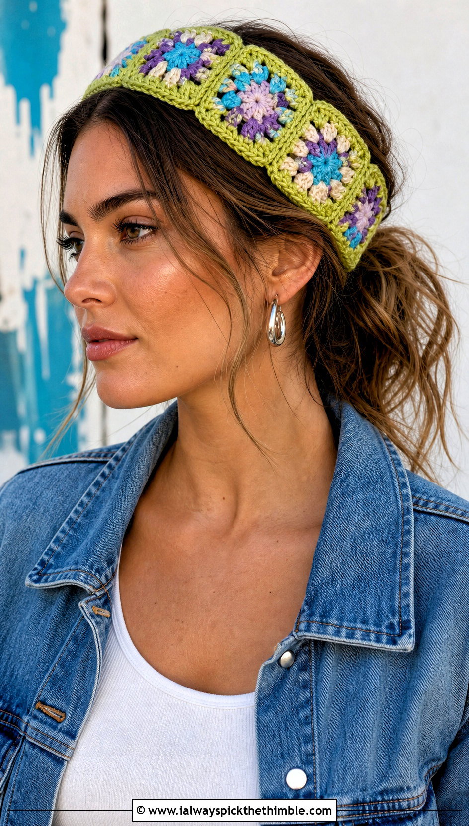 Granny Square Crochet Headband With Denim Jacket - 15 knit or crochet headbands outfit ideas