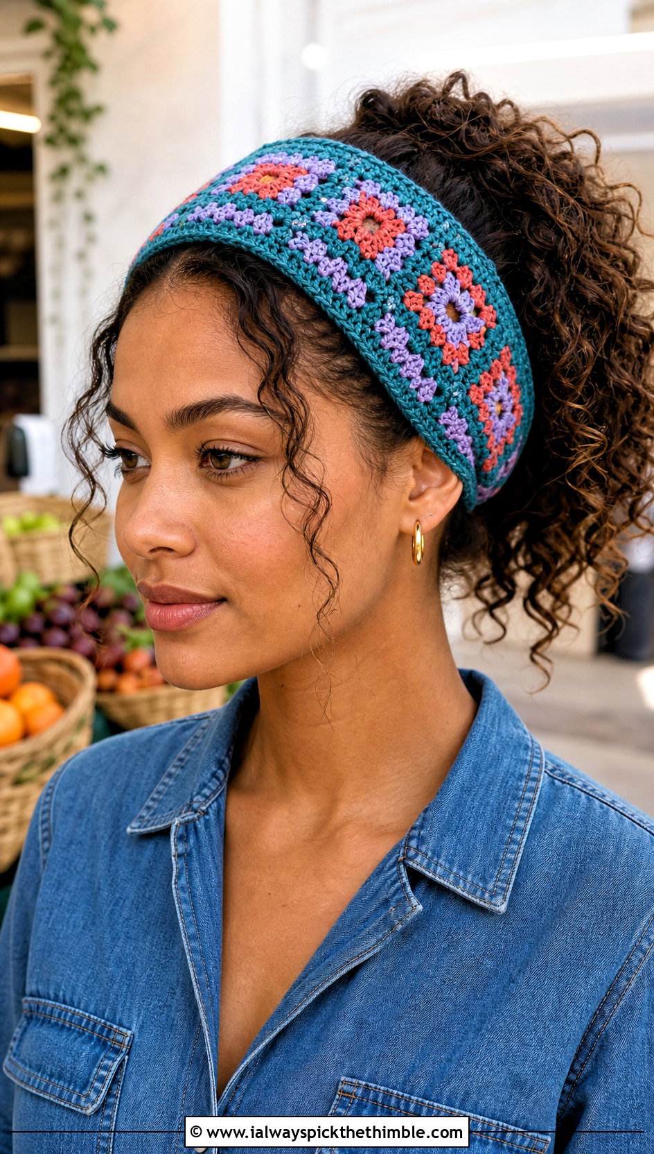 Granny Square Crochet Headband With Denim Jumpsuit - 20 crochet hair headband outfit ideas