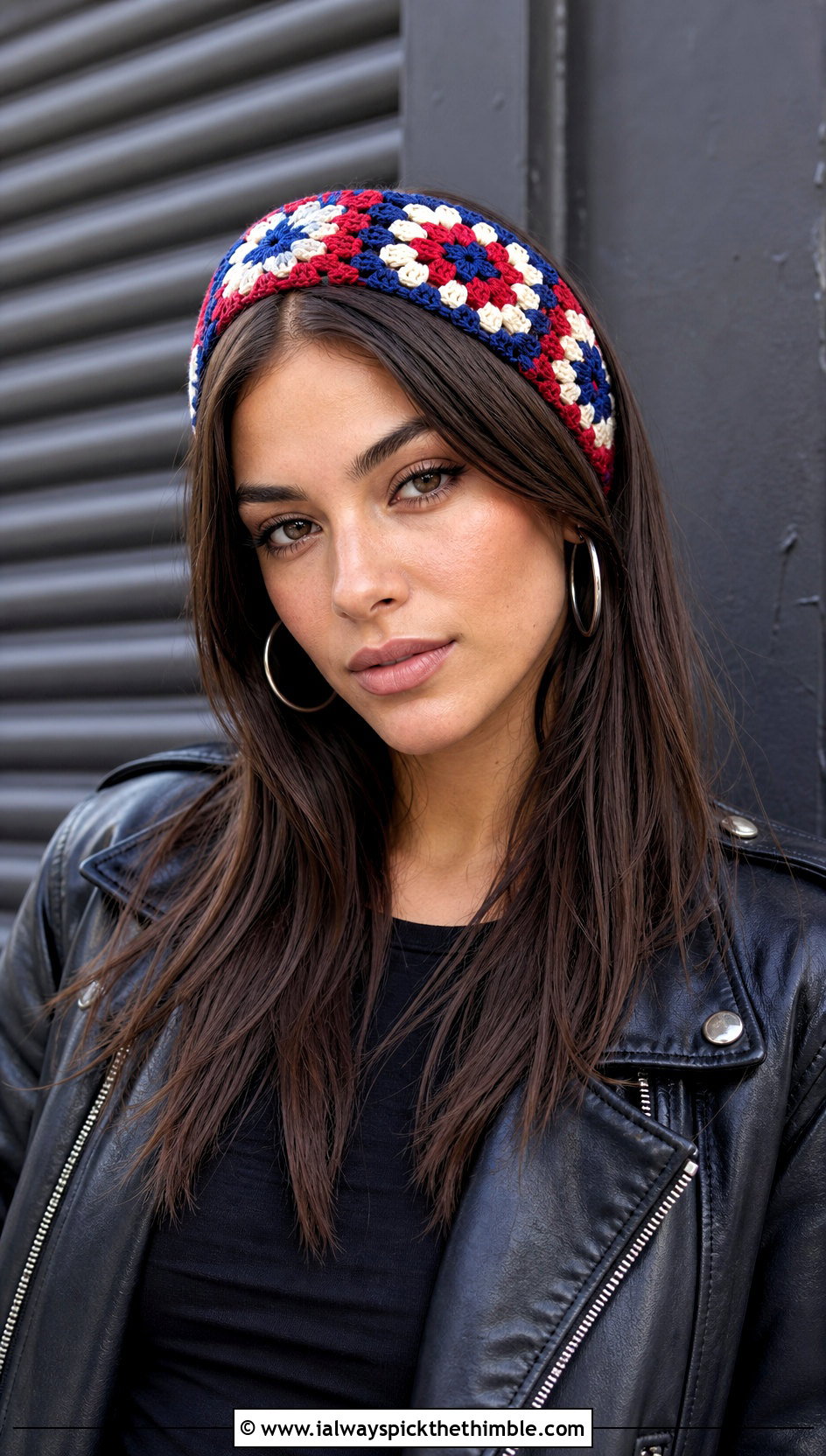 Granny Square Crochet Headband With Leather Jacket - 20 crochet fall headband outfit ideas